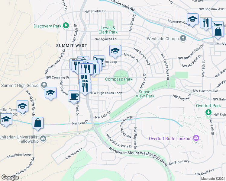 map of restaurants, bars, coffee shops, grocery stores, and more near 2209 Northwest High Lakes Loop in Bend