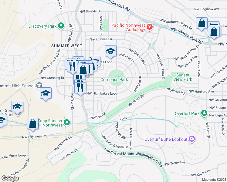 map of restaurants, bars, coffee shops, grocery stores, and more near 2605 Northwest Crossing Drive in Bend