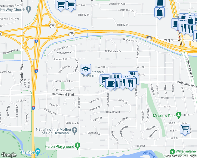 map of restaurants, bars, coffee shops, grocery stores, and more near 1005 West L Street in Springfield