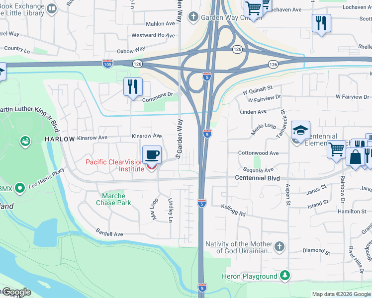 map of restaurants, bars, coffee shops, grocery stores, and more near Mia Lane in Eugene