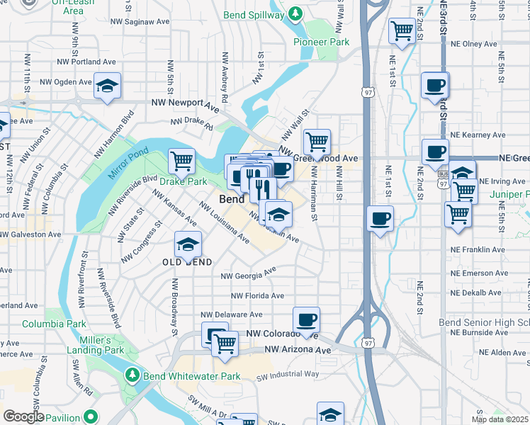 map of restaurants, bars, coffee shops, grocery stores, and more near 550 Northwest Franklin Avenue in Bend