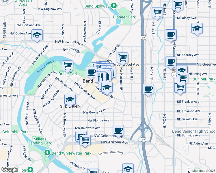 map of restaurants, bars, coffee shops, grocery stores, and more near 920 Northwest Bond Street in Bend