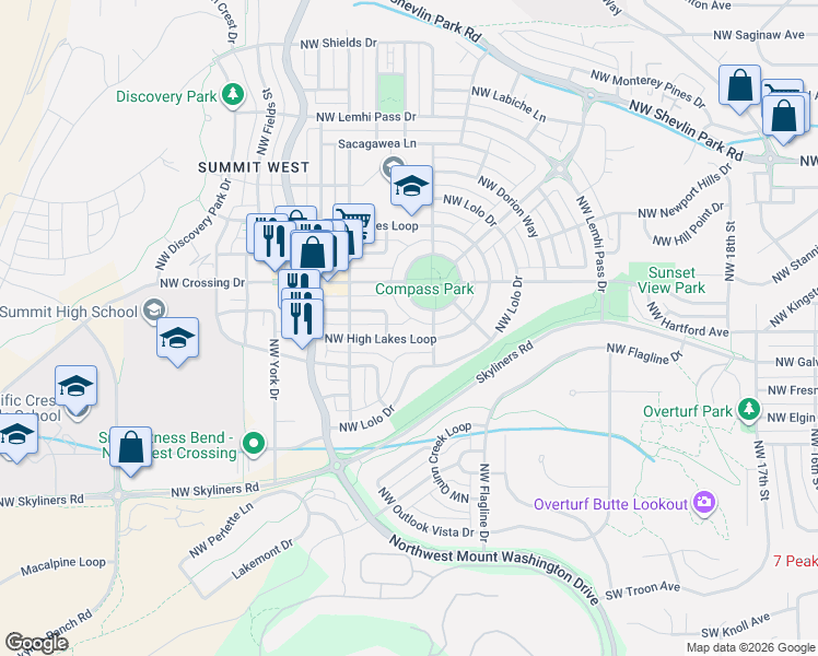 map of restaurants, bars, coffee shops, grocery stores, and more near 2605 Northwest Crossing Drive in Bend