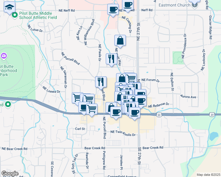 map of restaurants, bars, coffee shops, grocery stores, and more near 2500 U.S. 20 in Bend