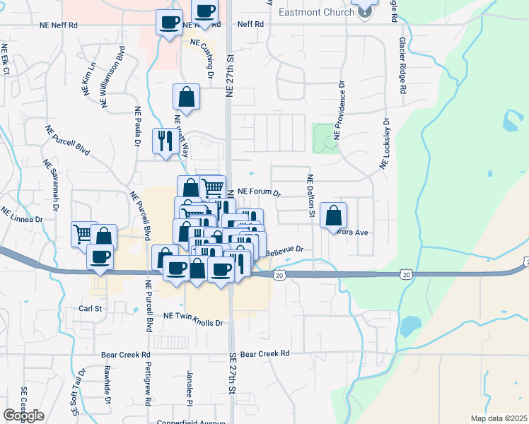 map of restaurants, bars, coffee shops, grocery stores, and more near 680 Northeast Bellevue Drive in Bend
