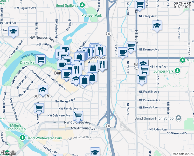 map of restaurants, bars, coffee shops, grocery stores, and more near 124 Northwest Hawthorne Avenue in Bend
