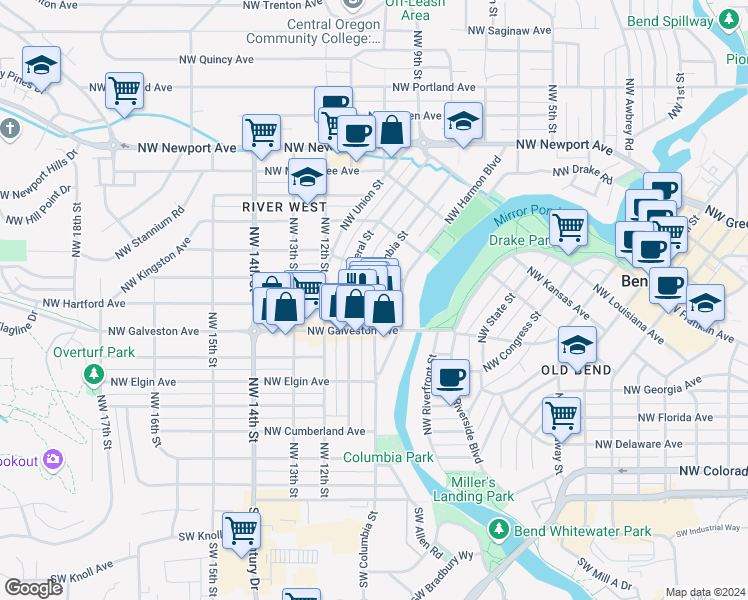 map of restaurants, bars, coffee shops, grocery stores, and more near 831 Northwest Harmon Boulevard in Bend