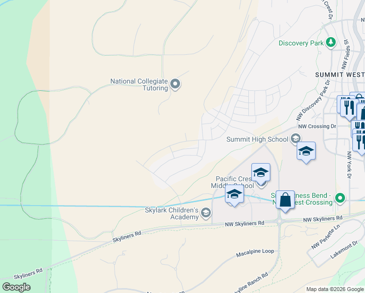 map of restaurants, bars, coffee shops, grocery stores, and more near 19100 Skyliners Road in Bend