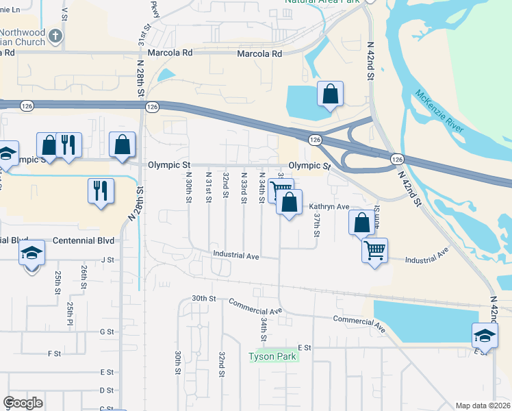 map of restaurants, bars, coffee shops, grocery stores, and more near 1333 34th Street in Springfield