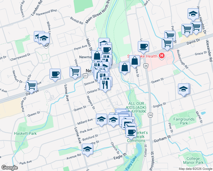 map of restaurants, bars, coffee shops, grocery stores, and more near 38 Superior Street in Newmarket