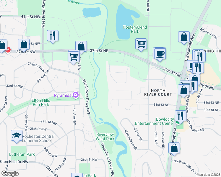 map of restaurants, bars, coffee shops, grocery stores, and more near 136 Sandbar Court Northeast in Rochester