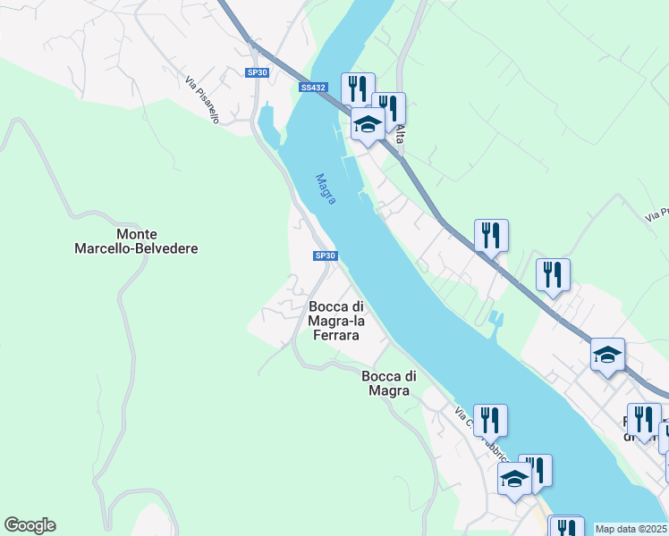 map of restaurants, bars, coffee shops, grocery stores, and more near 14 Via C. A. Fabbricotti in Bocca di Magra-la Ferrara