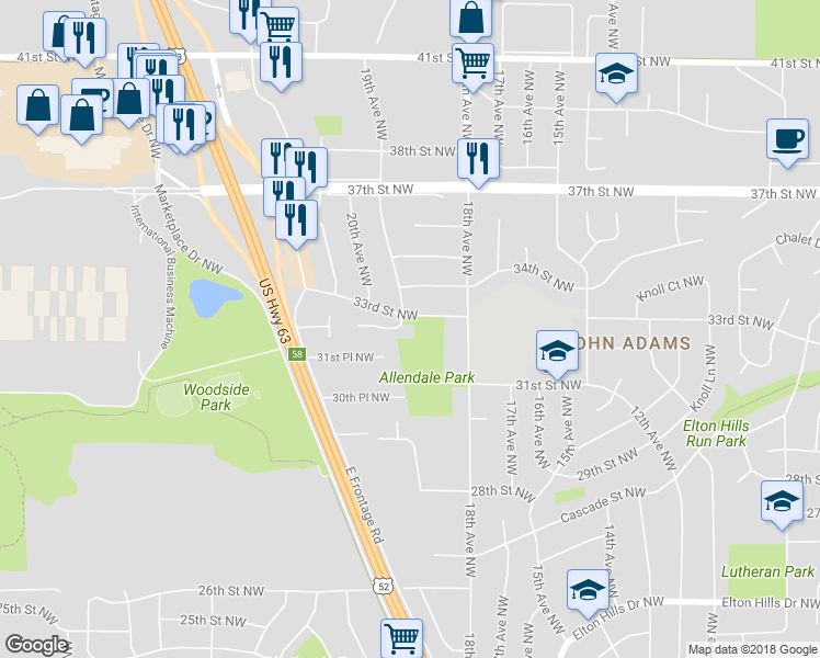 map of restaurants, bars, coffee shops, grocery stores, and more near 1900 Cabernet Lane Northwest in Rochester