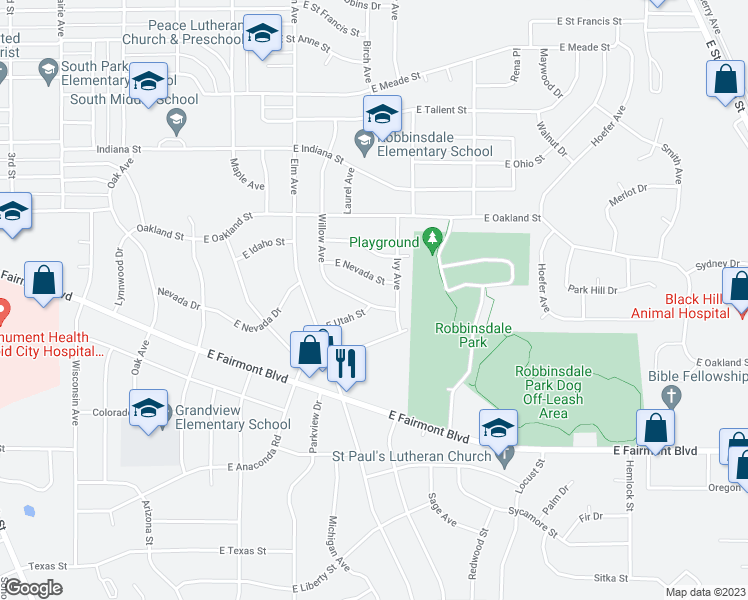 map of restaurants, bars, coffee shops, grocery stores, and more near 2832 Willow Avenue in Rapid City