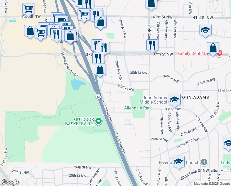 map of restaurants, bars, coffee shops, grocery stores, and more near 1929 Cabernet Lane Northwest in Rochester