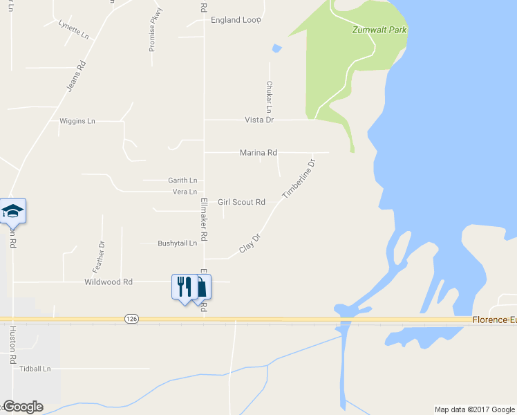 map of restaurants, bars, coffee shops, grocery stores, and more near 26058 Girl Scout Road in Veneta