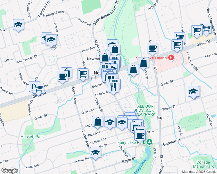 map of restaurants, bars, coffee shops, grocery stores, and more near 40 Main Street South in Newmarket