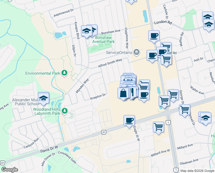 map of restaurants, bars, coffee shops, grocery stores, and more near 183 Knapton Drive in Newmarket