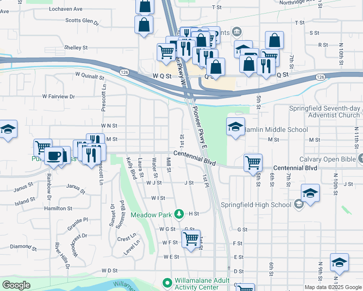 map of restaurants, bars, coffee shops, grocery stores, and more near 1140 North 1st Street in Springfield