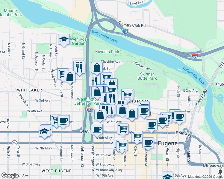 map of restaurants, bars, coffee shops, grocery stores, and more near 335 West 2nd Avenue in Eugene