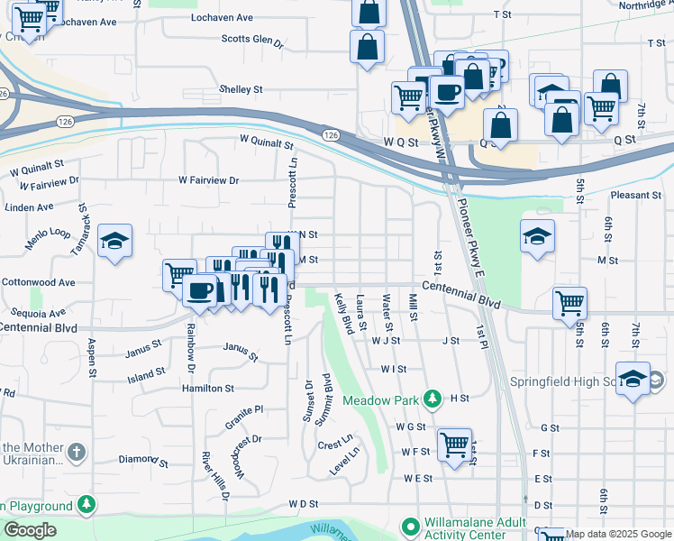 map of restaurants, bars, coffee shops, grocery stores, and more near 1341 Kelly Boulevard in Springfield
