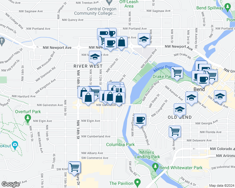 map of restaurants, bars, coffee shops, grocery stores, and more near 831 Northwest Harmon Boulevard in Bend
