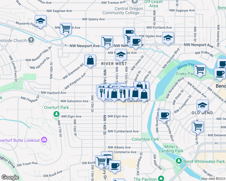 map of restaurants, bars, coffee shops, grocery stores, and more near 855 Northwest 13th Street in Bend