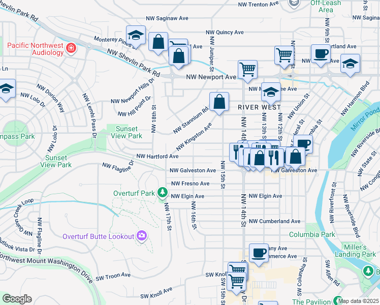 map of restaurants, bars, coffee shops, grocery stores, and more near 1613 Northwest Ithaca Avenue in Bend