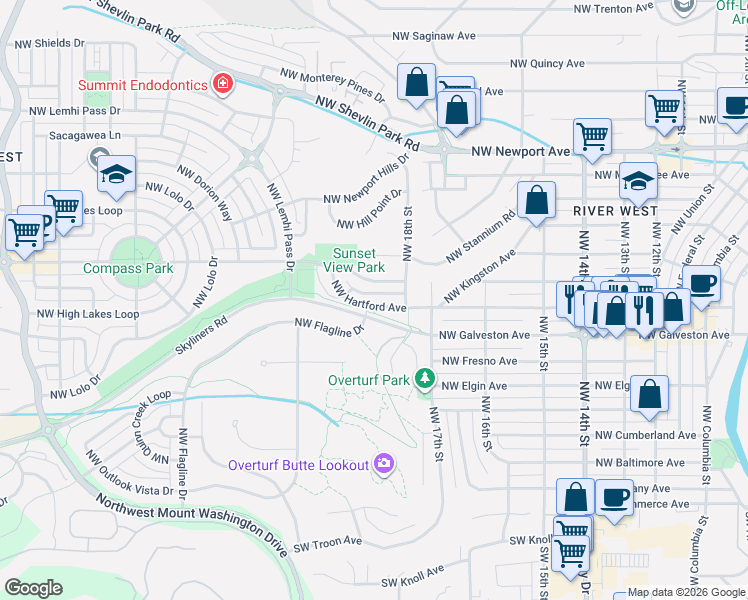 map of restaurants, bars, coffee shops, grocery stores, and more near 2373 Northwest Drouillard Avenue in Bend