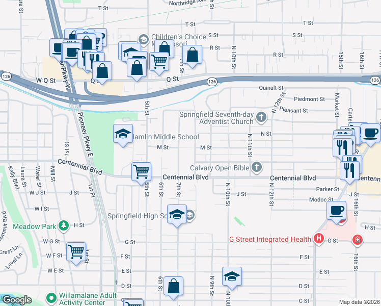 map of restaurants, bars, coffee shops, grocery stores, and more near 820 M Street in Springfield