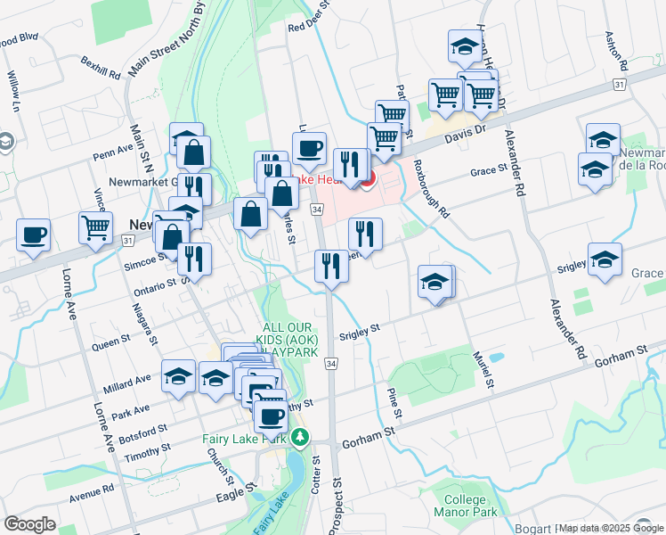 map of restaurants, bars, coffee shops, grocery stores, and more near in Newmarket