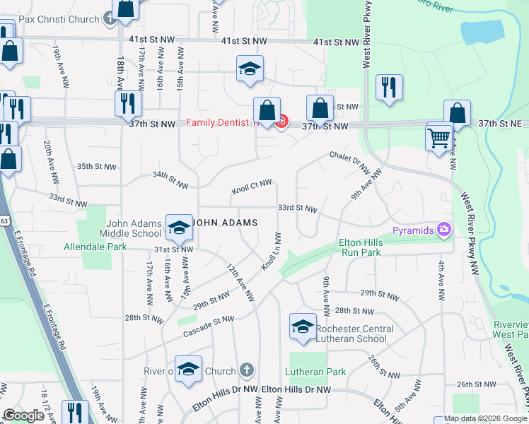 map of restaurants, bars, coffee shops, grocery stores, and more near 1114 33rd Street Northwest in Rochester