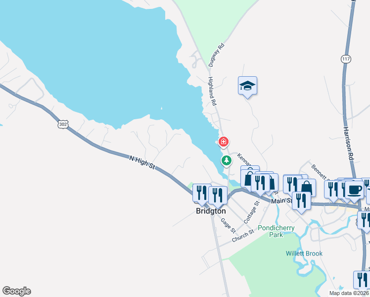 map of restaurants, bars, coffee shops, grocery stores, and more near 22 Taylortown Road in Bridgton