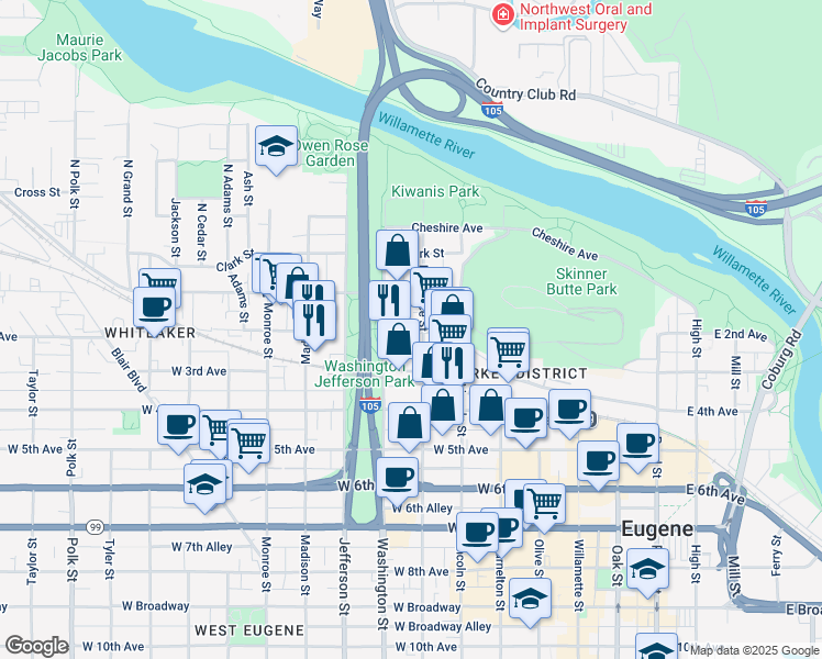 map of restaurants, bars, coffee shops, grocery stores, and more near 154 Lawrence Street in Eugene