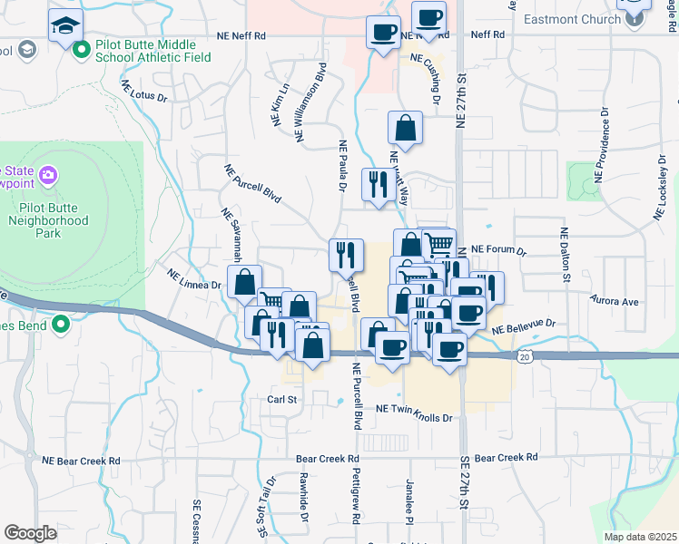 map of restaurants, bars, coffee shops, grocery stores, and more near 839 Northeast Purcell Boulevard in Bend