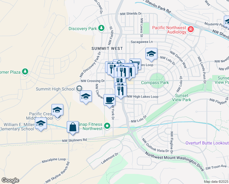 map of restaurants, bars, coffee shops, grocery stores, and more near 698 Northwest York Drive in Bend