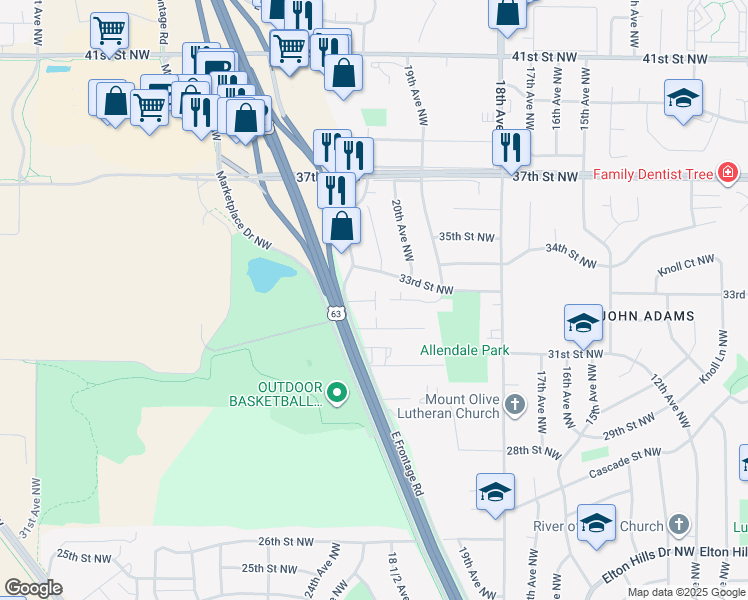map of restaurants, bars, coffee shops, grocery stores, and more near 2016 Chardonnay Lane Northwest in Rochester