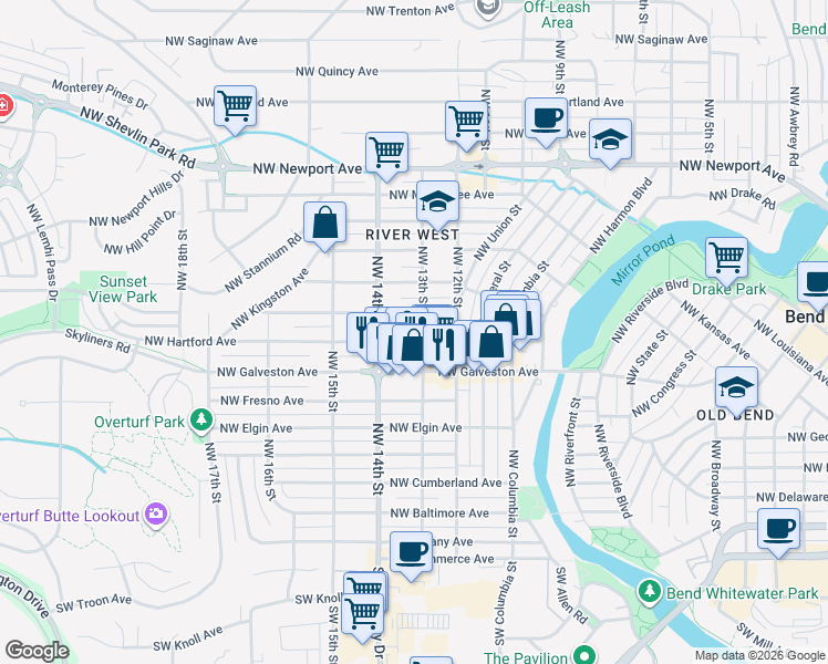 map of restaurants, bars, coffee shops, grocery stores, and more near 1310 Northwest Hartford Avenue in Bend