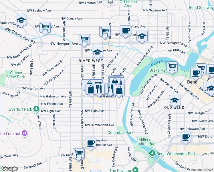 map of restaurants, bars, coffee shops, grocery stores, and more near 817 Northwest Federal Street in Bend
