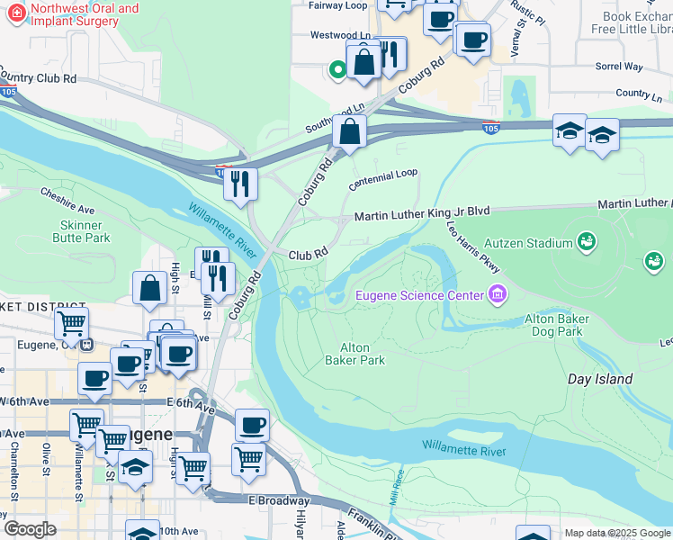 map of restaurants, bars, coffee shops, grocery stores, and more near 177 Day Island Road in Eugene