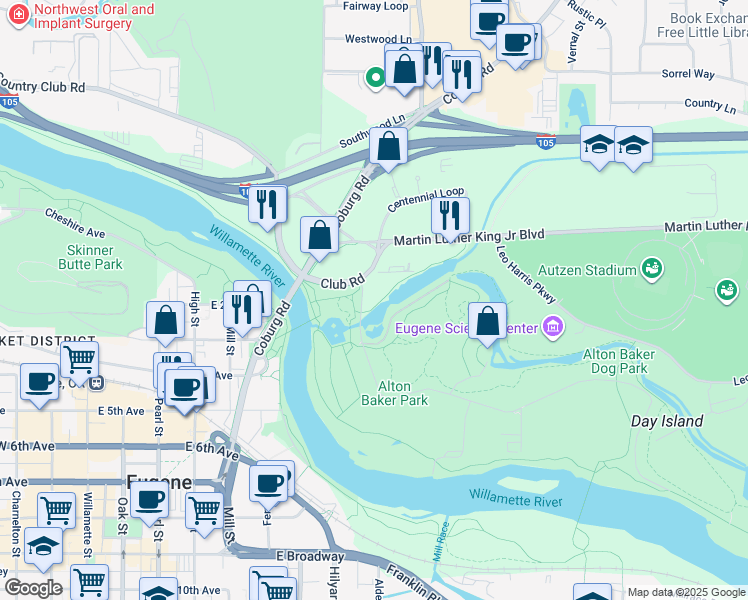 map of restaurants, bars, coffee shops, grocery stores, and more near 177 Day Island Road in Eugene