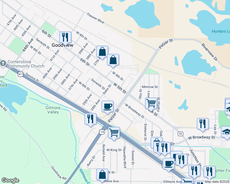 map of restaurants, bars, coffee shops, grocery stores, and more near 260 Sebo Street in Winona