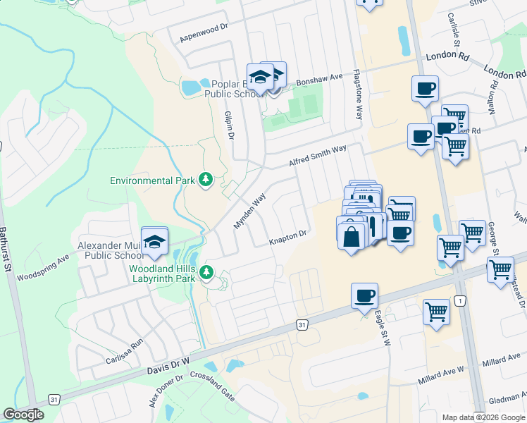 map of restaurants, bars, coffee shops, grocery stores, and more near 102 William Booth Avenue in Newmarket