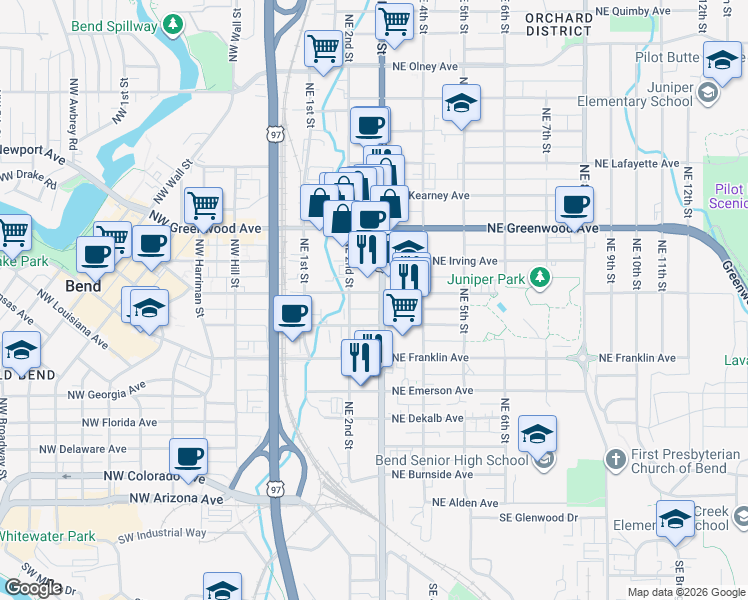 map of restaurants, bars, coffee shops, grocery stores, and more near 205 Northeast Hawthorne Avenue in Bend