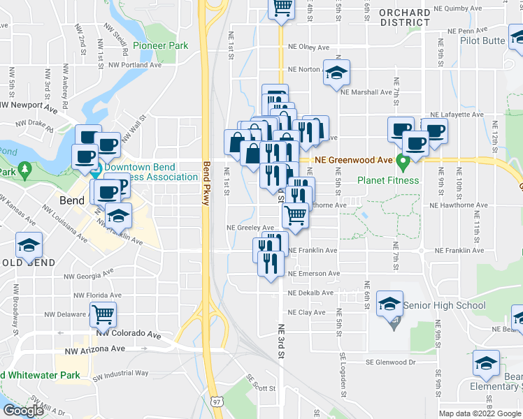 map of restaurants, bars, coffee shops, grocery stores, and more near 205 Northeast Hawthorne Avenue in Bend