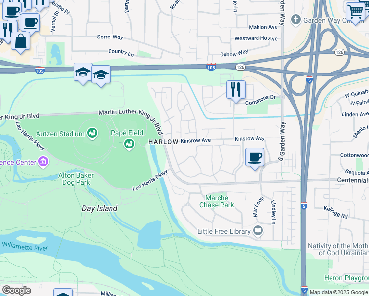 map of restaurants, bars, coffee shops, grocery stores, and more near 1 Chevy Chase Street in Eugene
