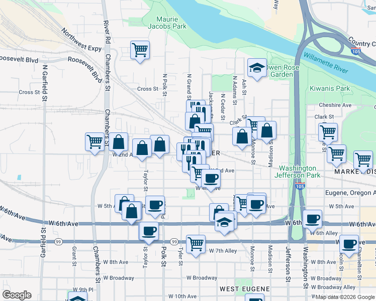map of restaurants, bars, coffee shops, grocery stores, and more near 1153 West 2nd Avenue in Eugene
