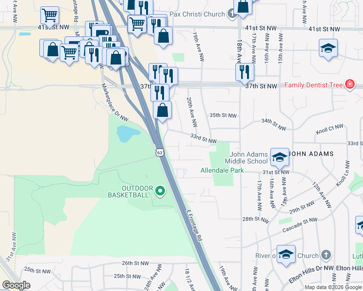 map of restaurants, bars, coffee shops, grocery stores, and more near 2016 Chardonnay Lane Northwest in Rochester