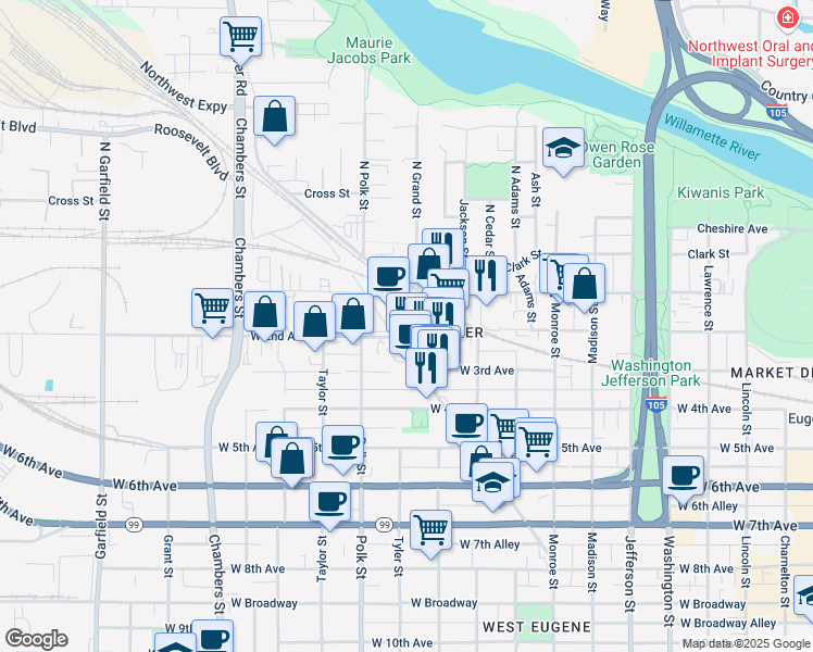 map of restaurants, bars, coffee shops, grocery stores, and more near 1153 West 2nd Avenue in Eugene