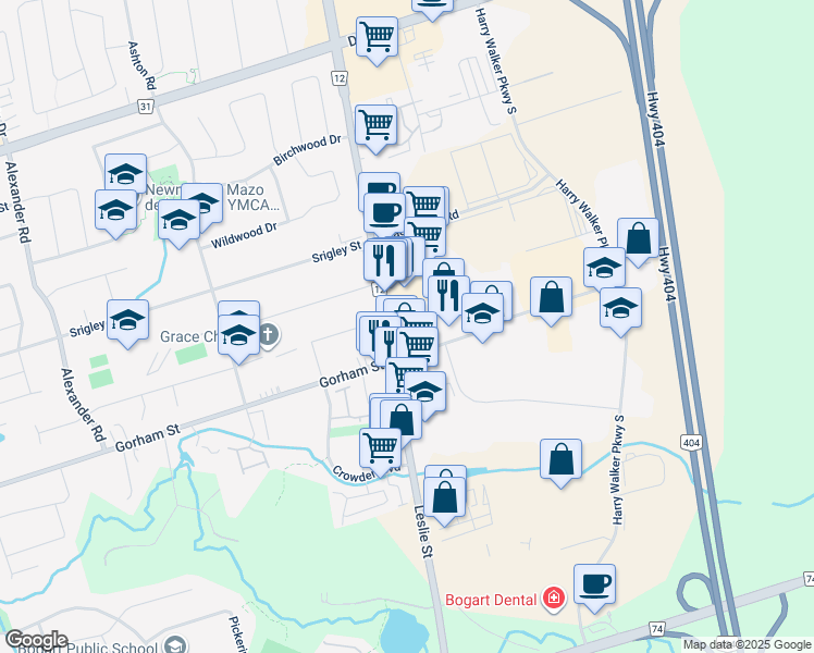 map of restaurants, bars, coffee shops, grocery stores, and more near 17205 York Regional Road 12 in Newmarket